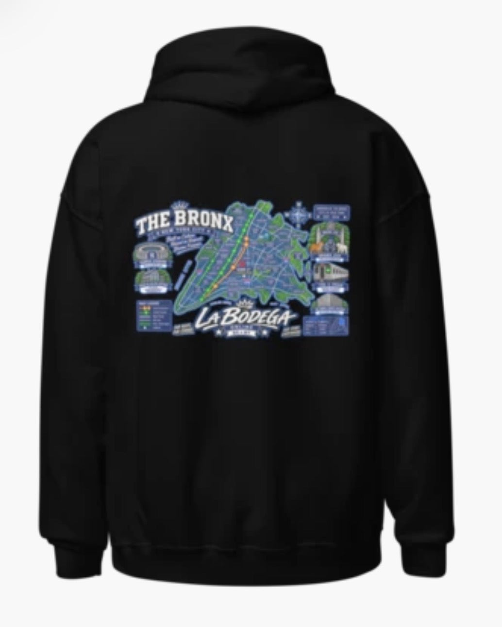 The Bronx Map Hoodie back graphic in black