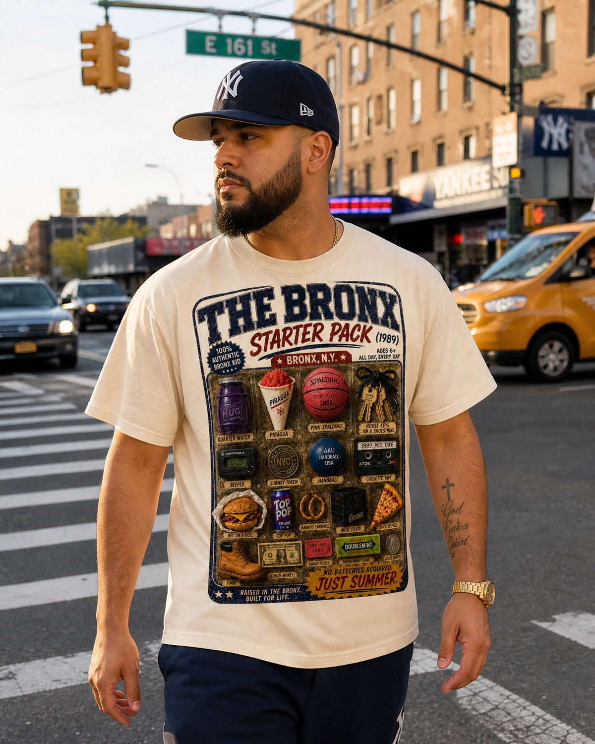 Model wearing The Bronx Starter Pack 1989 Tee on a Bronx street