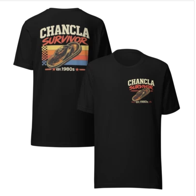 Chancla Survivor T-shirt front and back in black