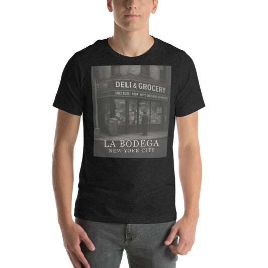 Model wearing La Bodega NYC Deli Tee in black