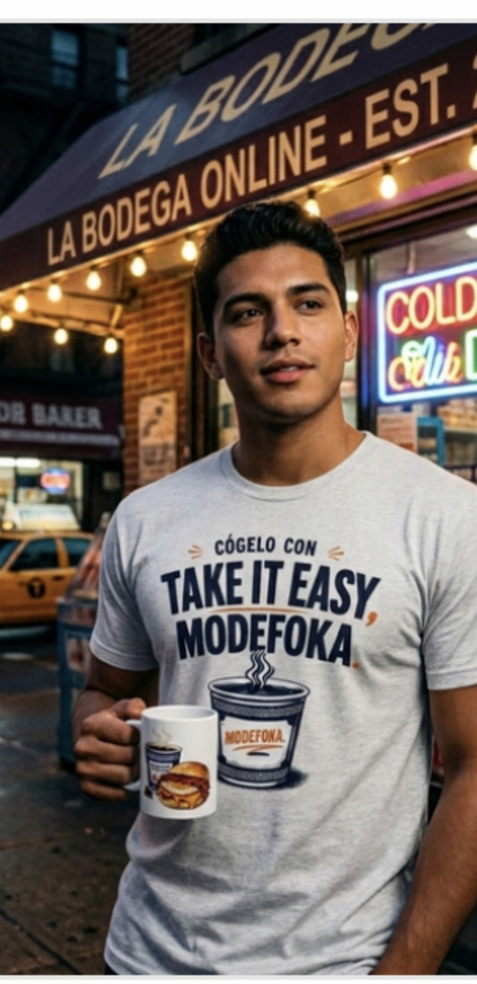 Model wearing the Cógelo Con Take It Easy, Modefoka T-shirt outside a bodega