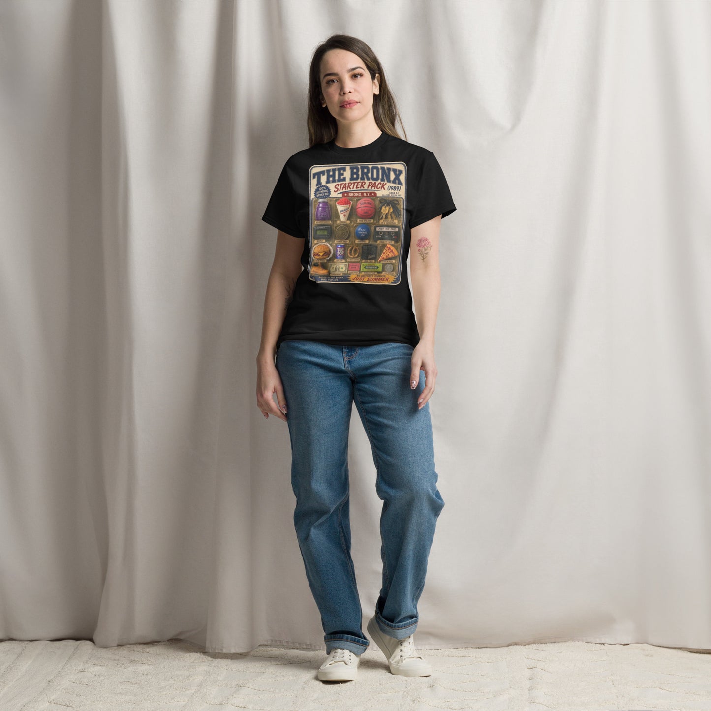 Model wearing Bronx Starter Pack 1989 T-shirt — La Bodega Online vintage NYC streetwear