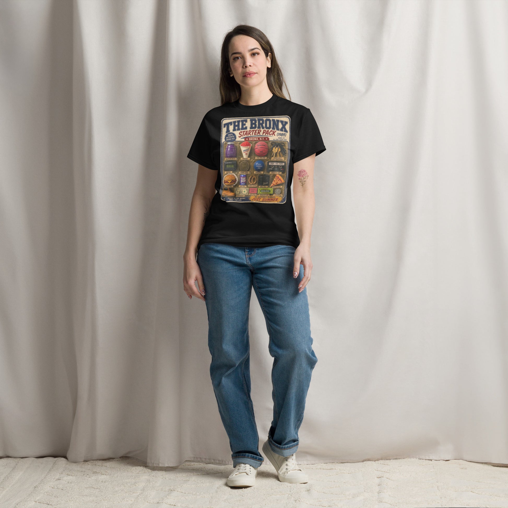 Model wearing Bronx Starter Pack 1989 T-shirt — La Bodega Online vintage NYC streetwear