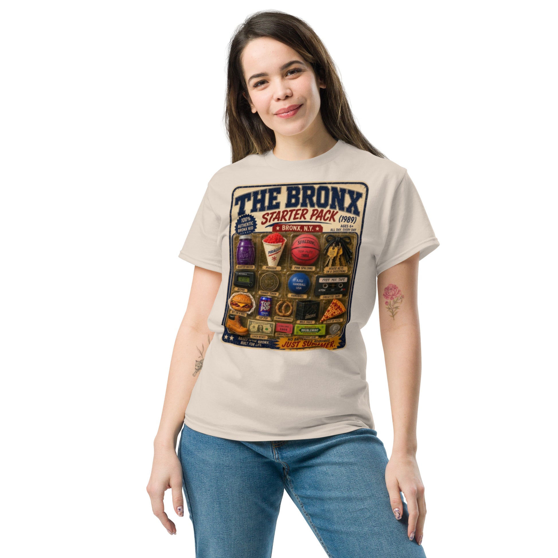 Model wearing Bronx Starter Pack 1989 T-shirt — La Bodega Online vintage NYC streetwear