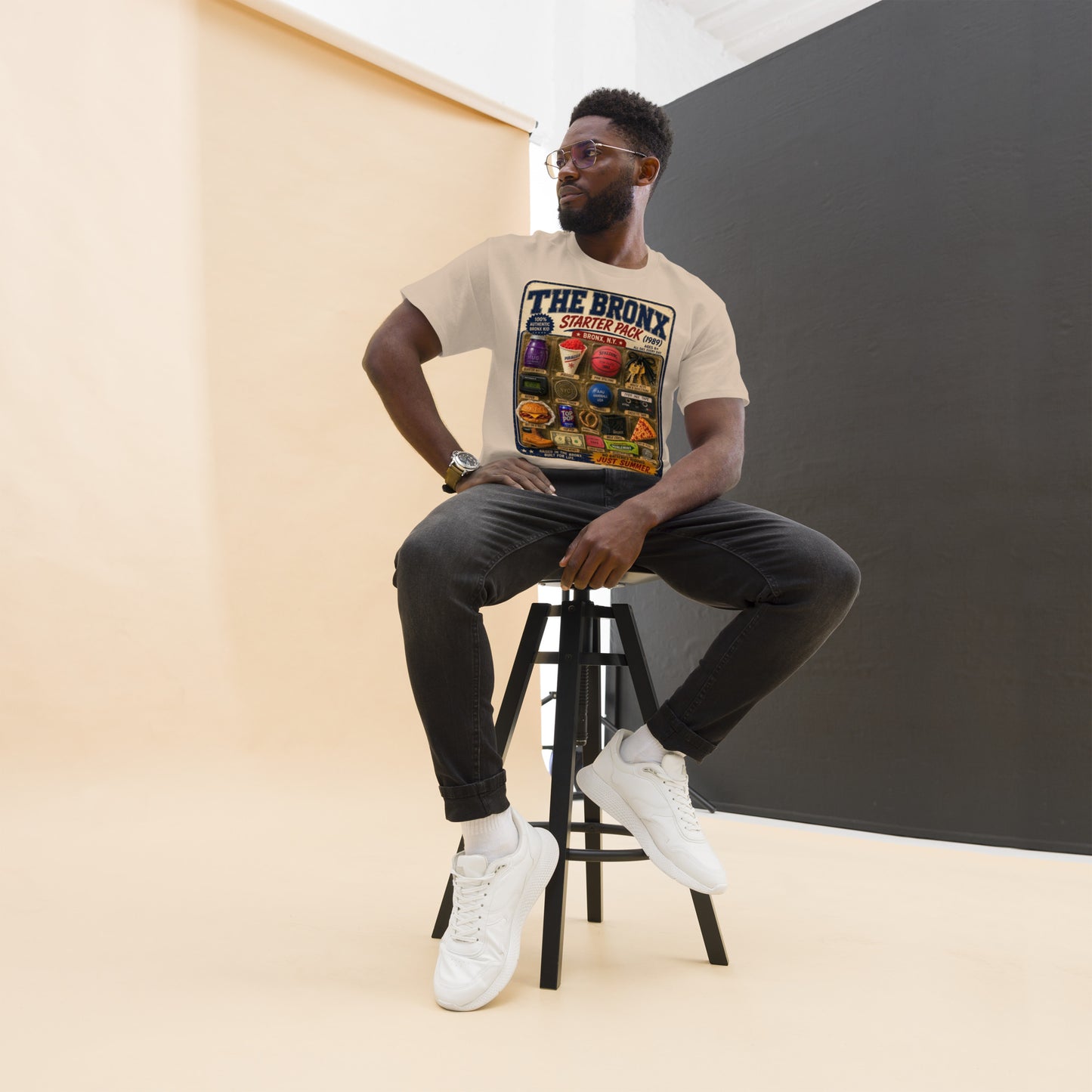 Model wearing Bronx Starter Pack 1989 T-shirt — La Bodega Online vintage NYC streetwear