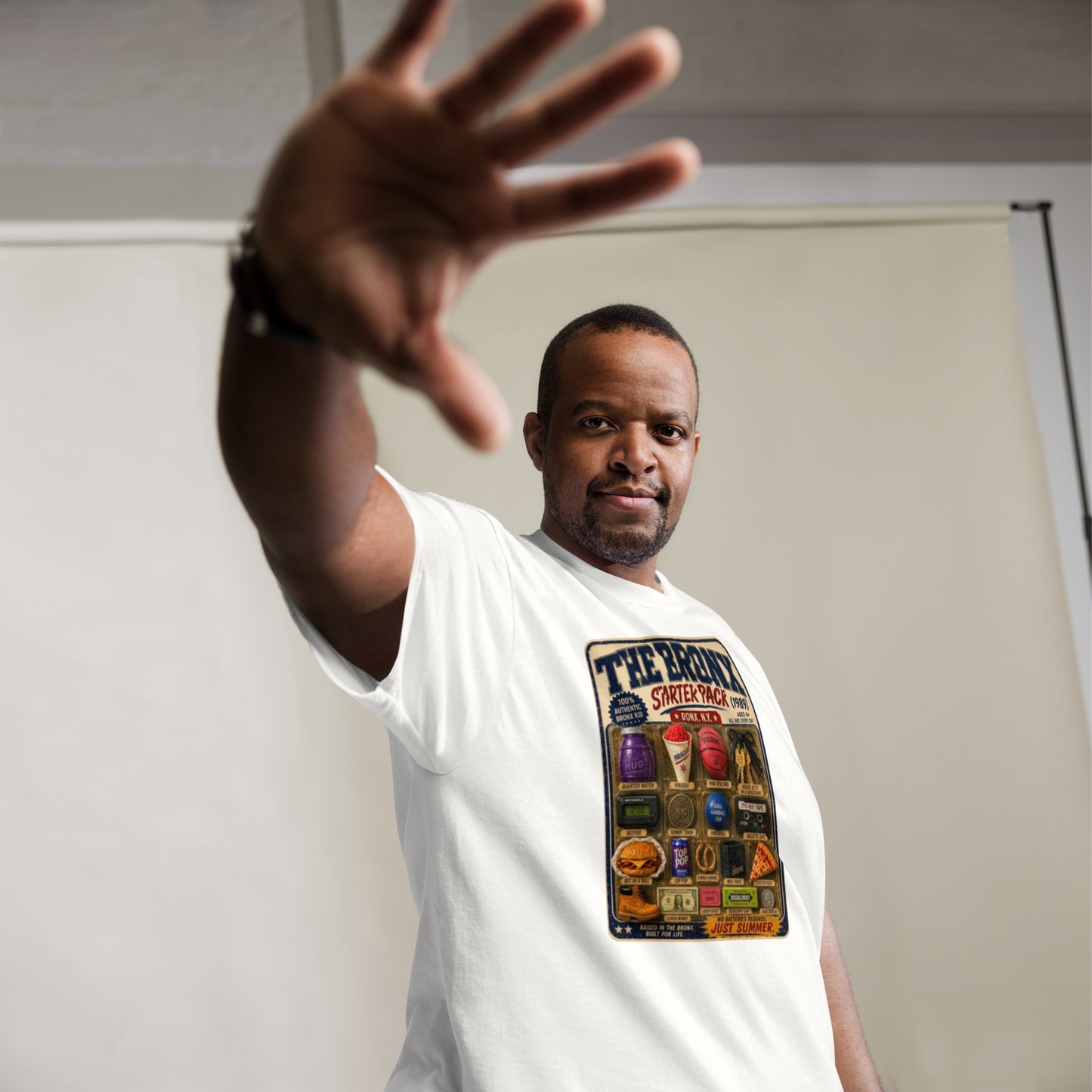 Model wearing Bronx Starter Pack 1989 T-shirt — La Bodega Online vintage NYC streetwear